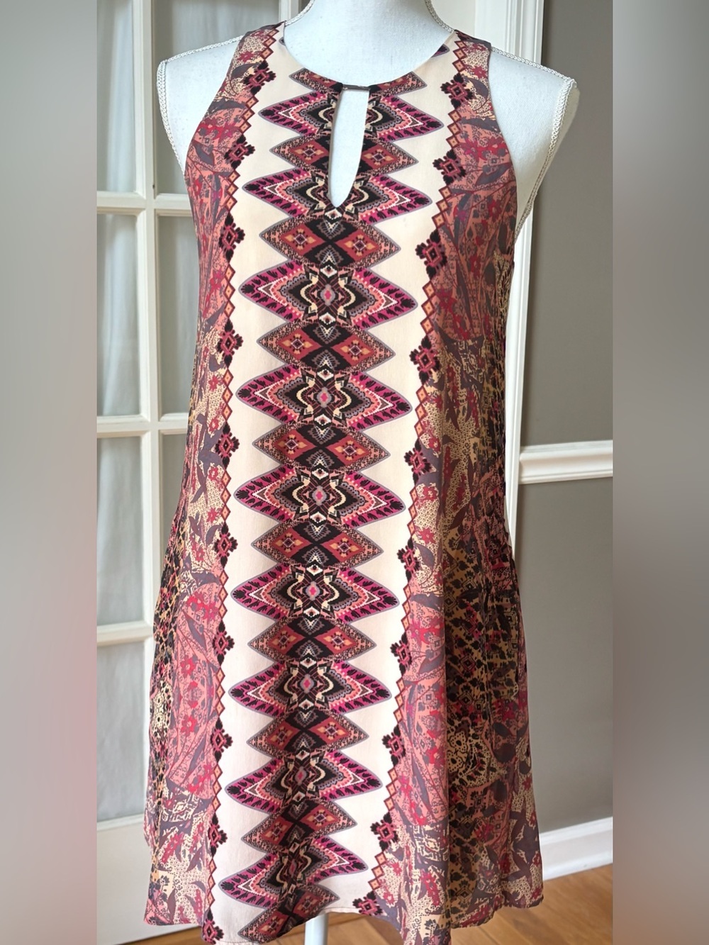 Lavender Brown 100% Silk Boho Tribal Print Swing Dress XS Made USA